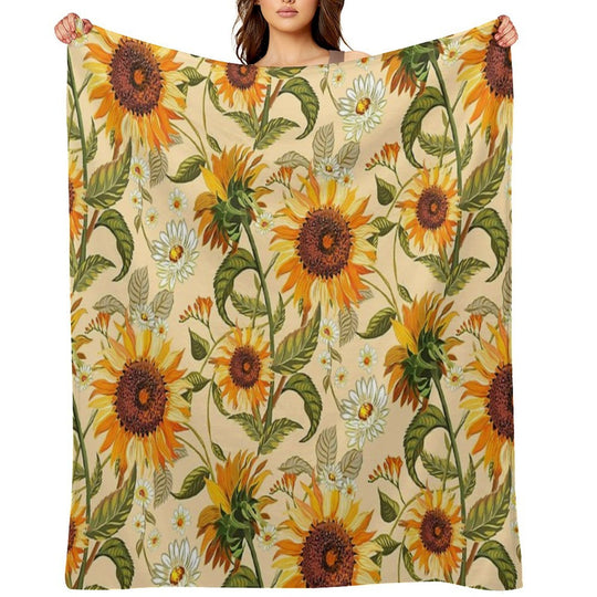 Sunflowers 70s Vintage Golden Retro Pattern, Yellow And Orange Flowers Lightweight Throw Blanket