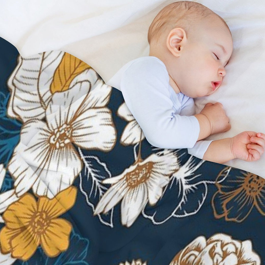 Navy And Gold Peony And Blossom Seamless Pattern Sustainable Throw Blanket