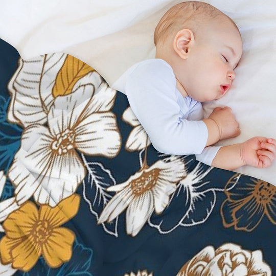 Navy And Gold Peony And Blossom Seamless Pattern Sustainable Throw Blanket