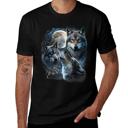 Grey Wolf Under Full Moon, Space, Galaxy, And Stars  Slim-fit Cut T-Shirt