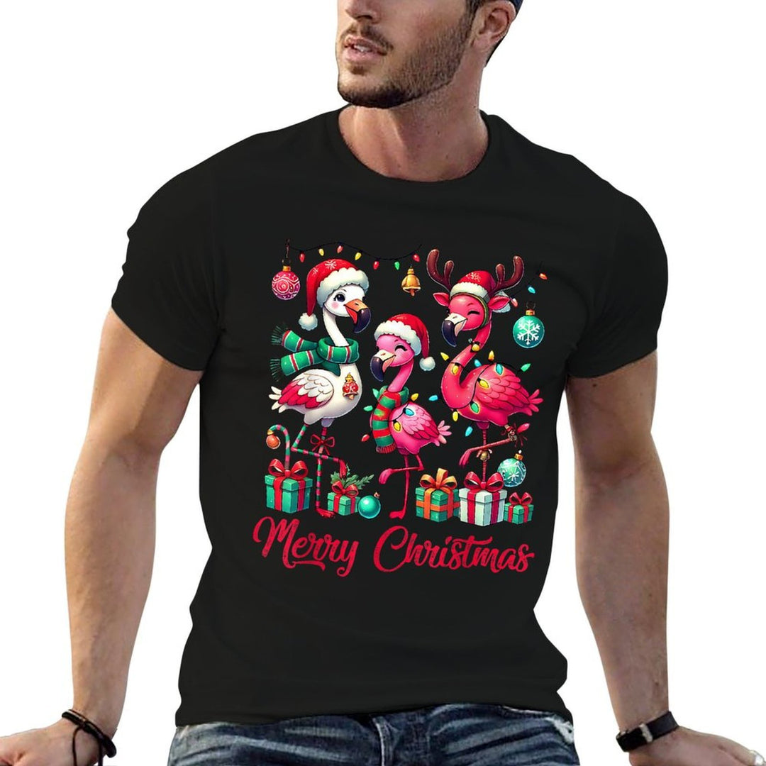 Merry Christmas Lights Flamingo Santa Hat Snow Xmas Pajamas  Moisture-wicking T-Shirt