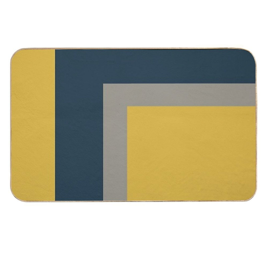 Half Frame Minimalist Geometric Pattern 2 in Mustard Yellow, Navy Blue, And Grey  Repositionable Bath Mat