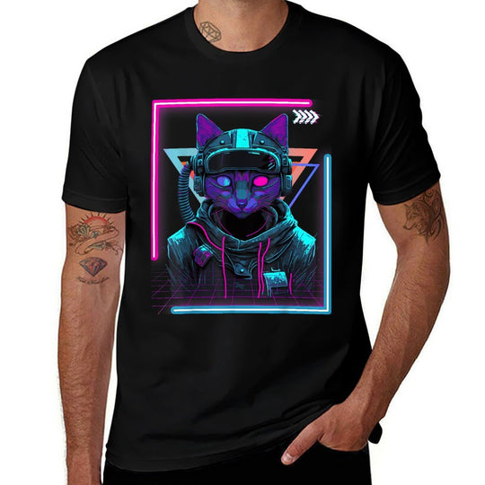 Cyberpunk Cat Kitty Punker  Futuristic Cyber Punk  Ribbed Collar T-Shirt