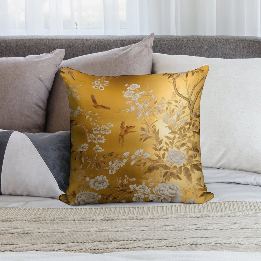 Gold Chinoiserie Floral Soft Reinforced Edging Throw Pillow