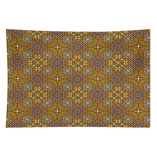 Golden Brown Geometric Composition with Turquoise Flowers Tapestry