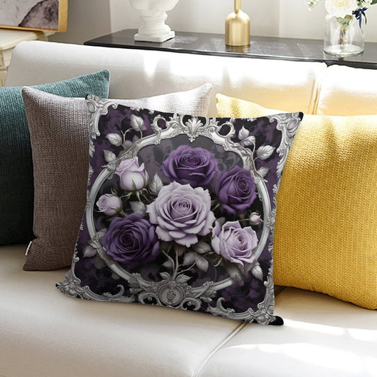 Matte Lilac & Purple Roses With Silver Rococo Soft Luxury Feel Throw Pillow