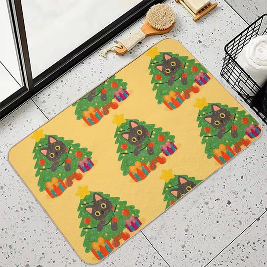 Christmas Black Cat with Tree – Cute Holiday Illustration  Long-Lasting Bath Mat