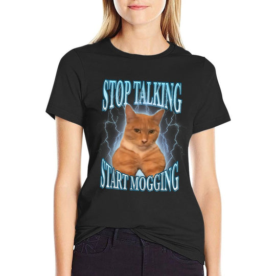 Stop Talking, Start Mogging Funny Cat Meme Mog Men Women Kids  Summer-ready Fabric T-Shirt