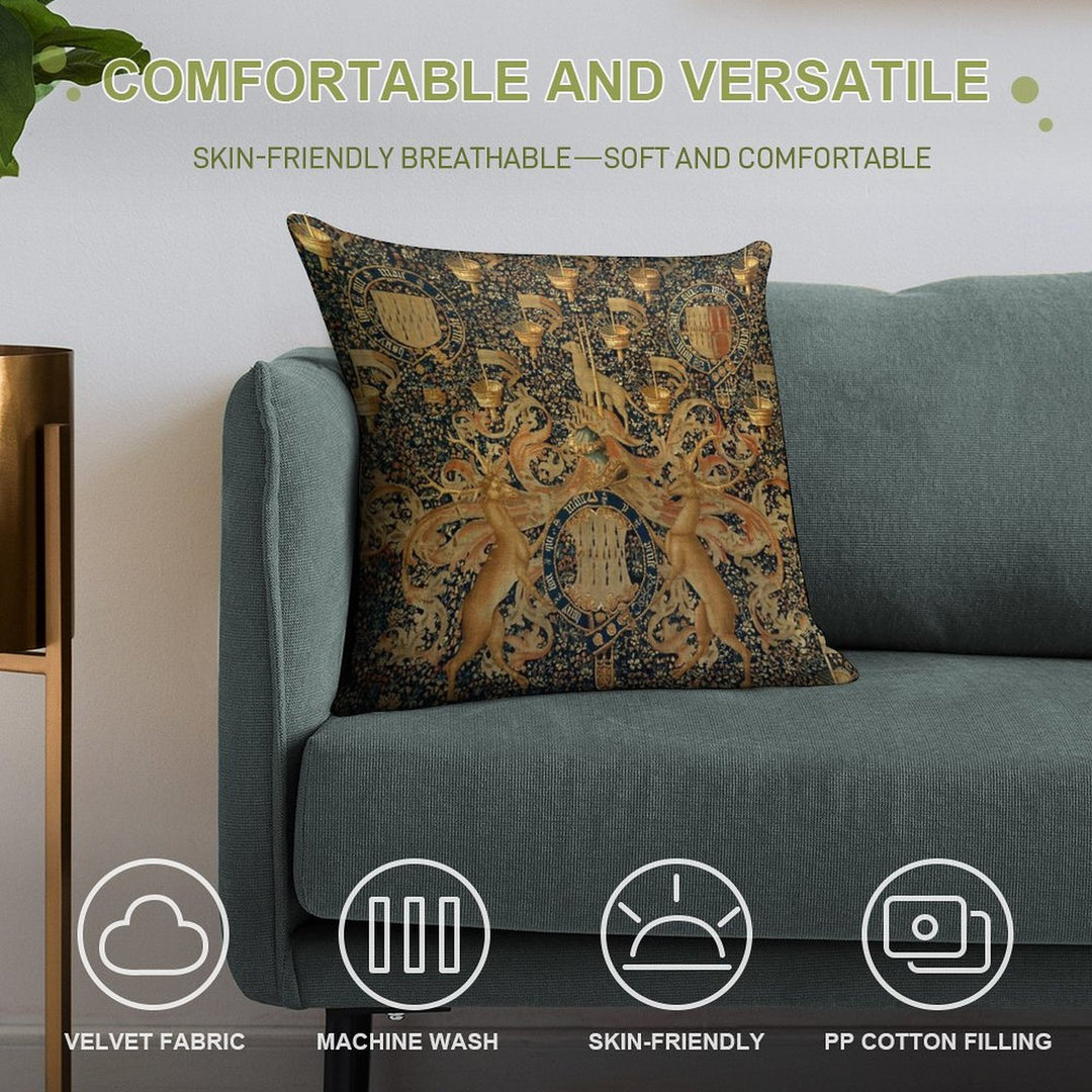 Gold Navy Blue Antique Heraldic Tapestry with Harts,Armorial Bearings Badges of John Soft Home Decor Throw Pillow