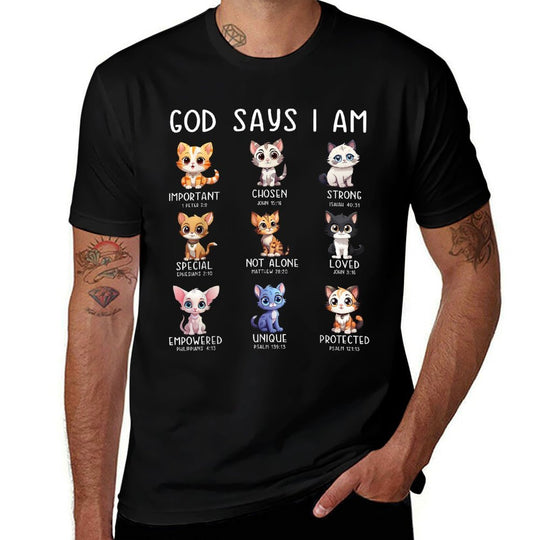 Cute Cats God Say I Am Christian Bible Verse  Fade-proof Color T-Shirt
