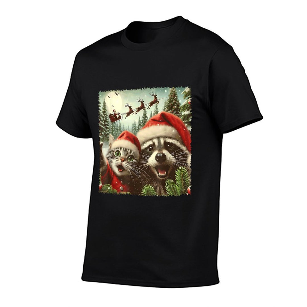 Cat Selfie With Santas Sleigh Weird Funny Raccoon Christmas  Summer-ready Fabric T-Shirt