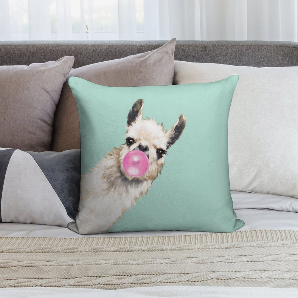 Bubble Gum Sneaky Llama in Green Soft Hidden Zipper Throw Pillow