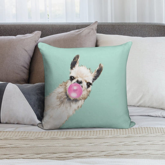 Bubble Gum Sneaky Llama in Green Soft Hidden Zipper Throw Pillow