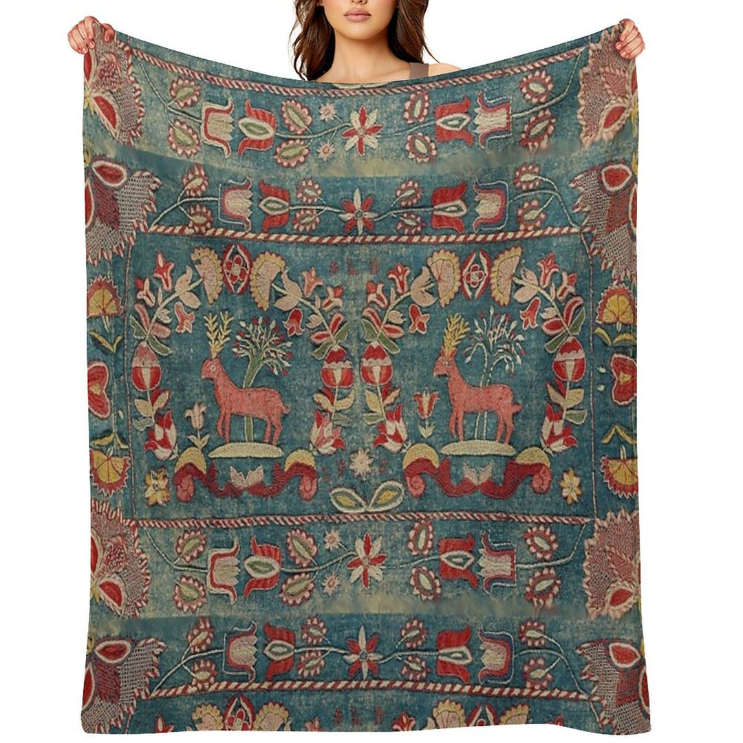 ANTIQUE  RED BLUE SWEDISH TAPESTRY WITH DEERS AND FLOWERS Shrink-resistant Throw Blanket