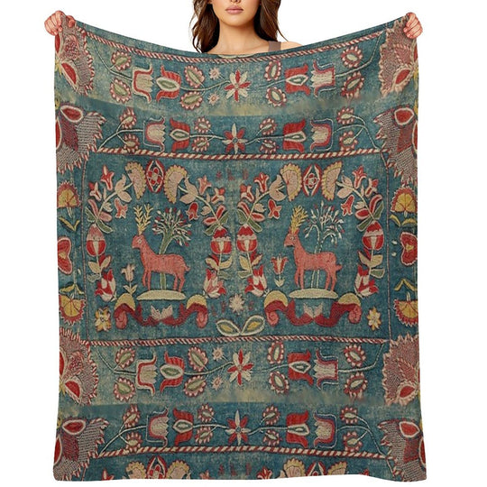 ANTIQUE  RED BLUE SWEDISH TAPESTRY WITH DEERS AND FLOWERS Shrink-resistant Throw Blanket
