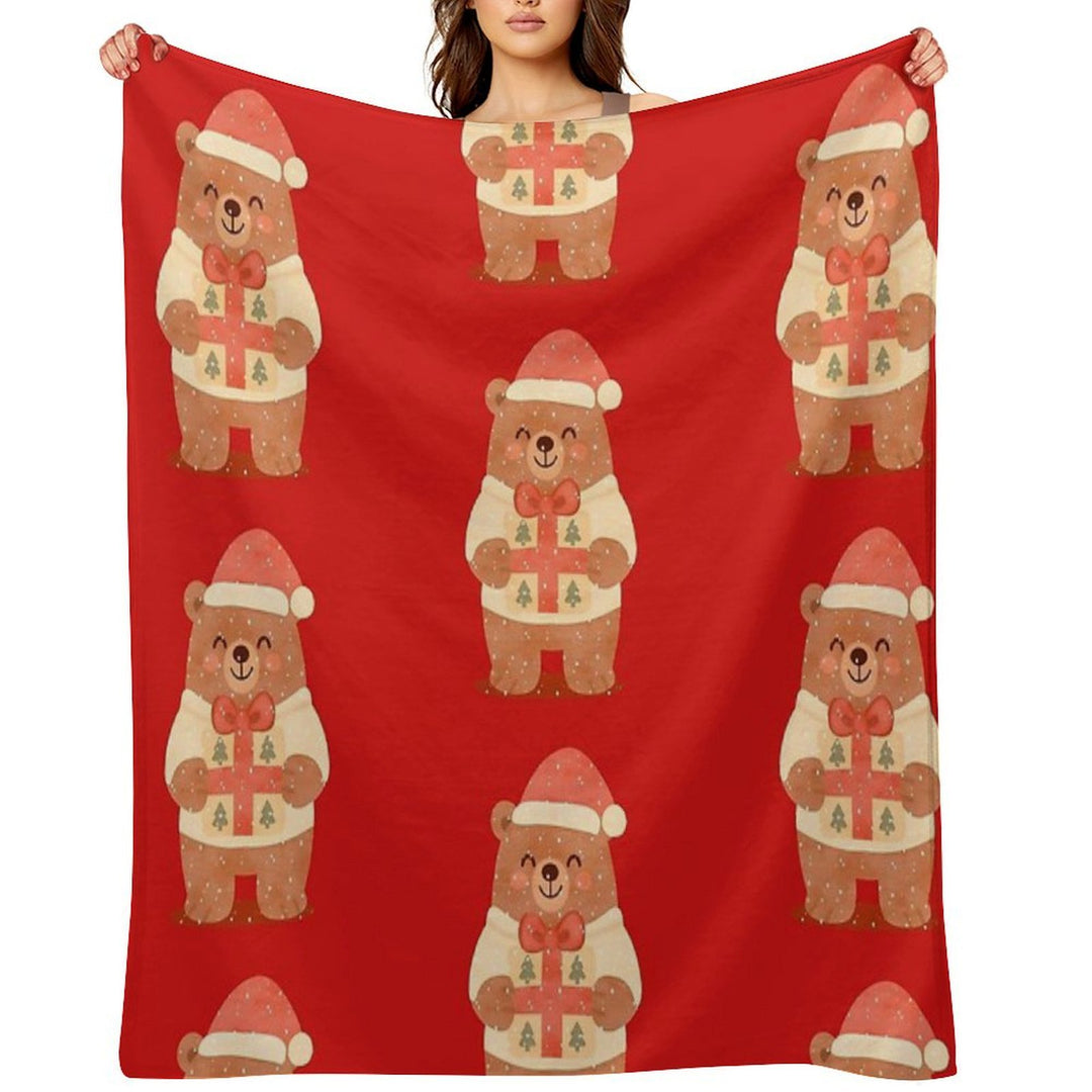 Cute Christmas Bear with Gift – Holiday Winter Illustration Travel-friendly Throw Blanket