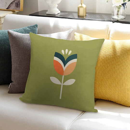 Retro Tulip - Orange And Olive Green Soft Washable Throw Pillow