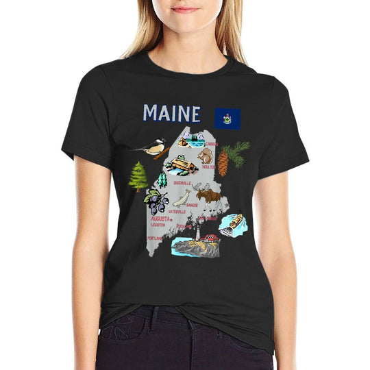 Map of Maine State, Landmarks, Major Cities, Flag, USA  Fade-proof Color T-Shirt