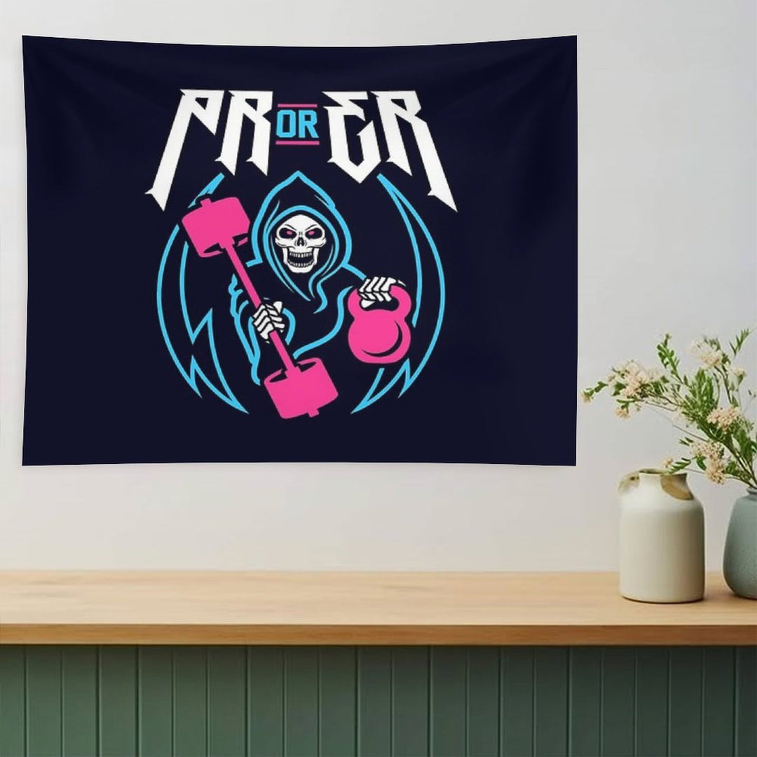 PR Or ER (Gym Reaper Kettlebell & Barbell) Funny Gym Ego Lifting Tapestry