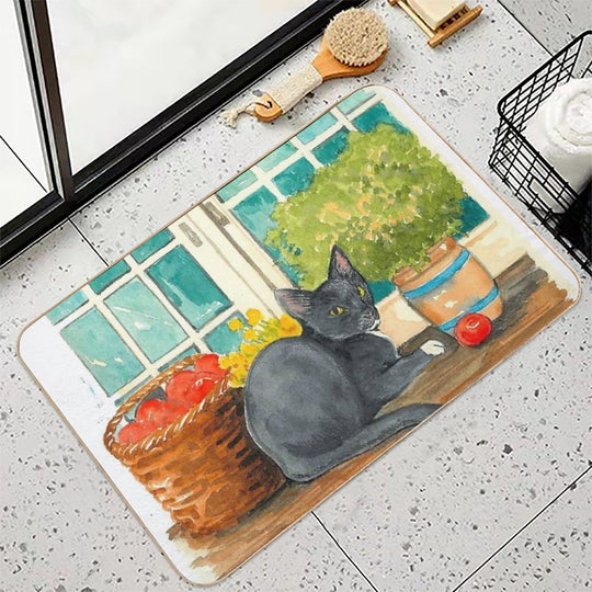 Black Cat on A Sunny Windowsill – Cozy Cottage Illustration  Fade-Resistant Bath Mat