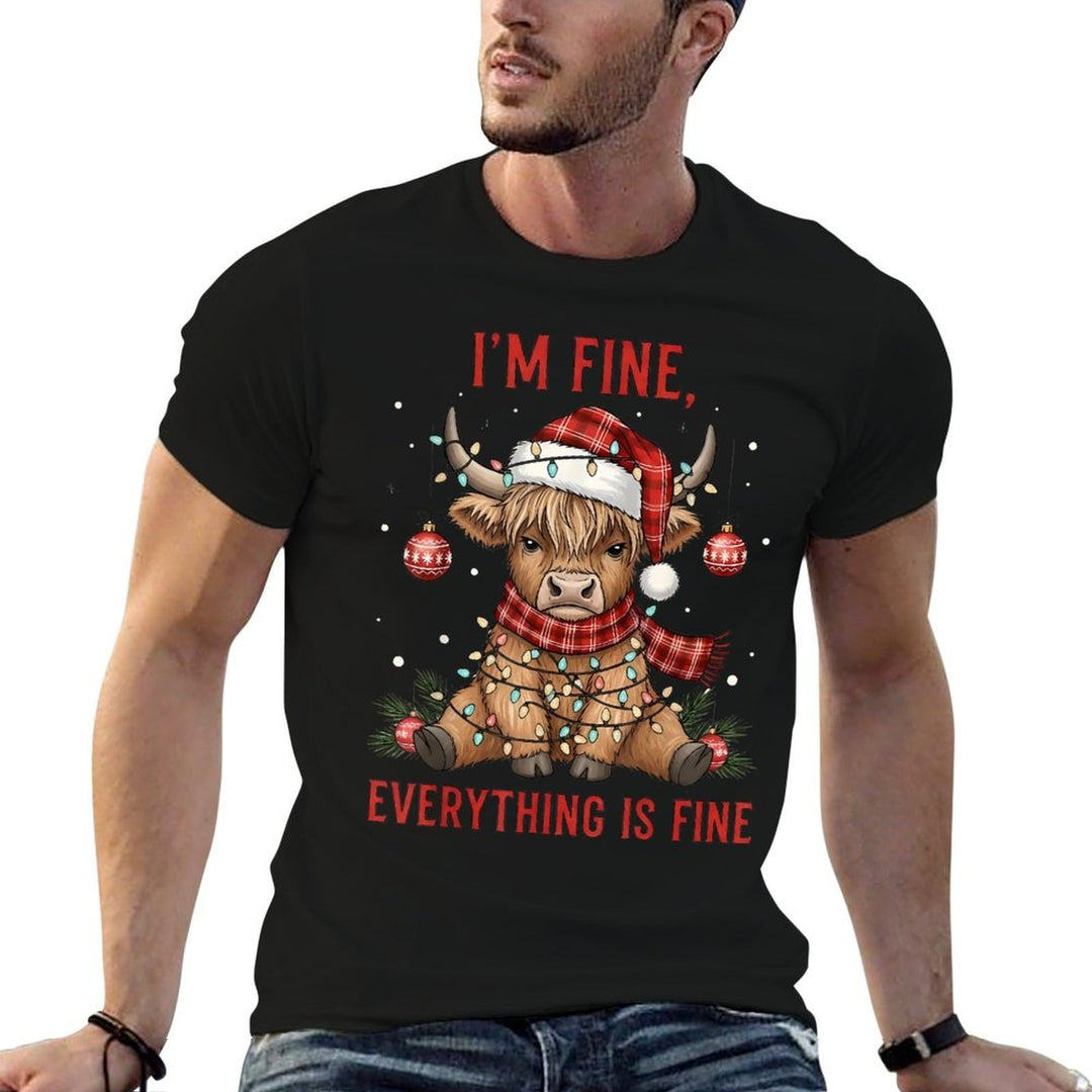 Im Fine Everything Is Fine Funny Christmas Highland Cow  Ribbed Collar T-Shirt