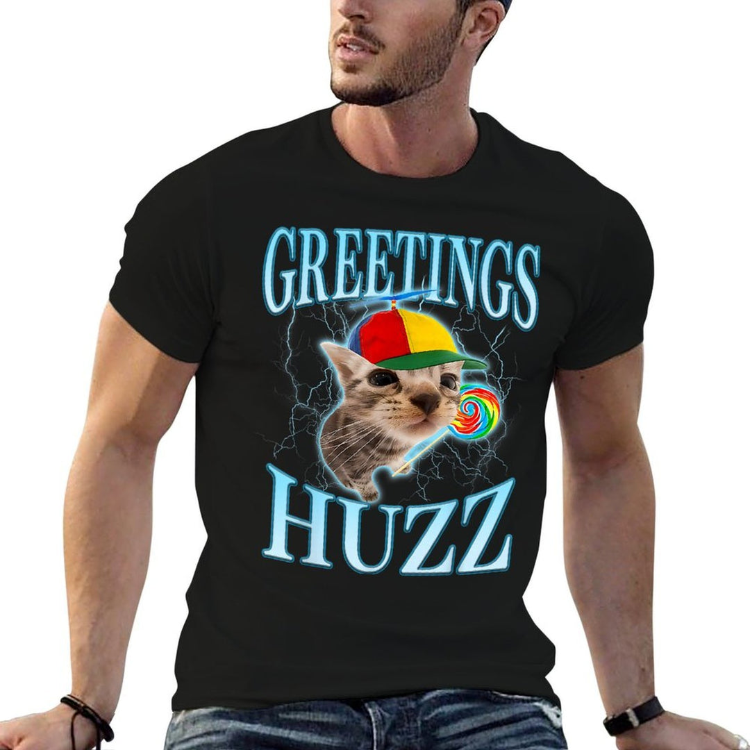 Greetings Huzz Funny Cat Meme Lovers Silly Cats Brainrot  Summer-ready Fabric T-Shirt
