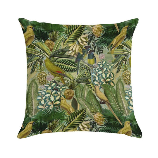 Vintage Green Tropical Bird Jungle Botanical Night Garden Nightgarden Soft Short Plush Fabric Throw Pillow
