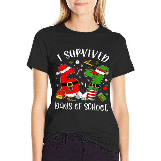 I Survived 67 Days of School Christmas Santa Teacher  Summer-ready Fabric T-Shirt