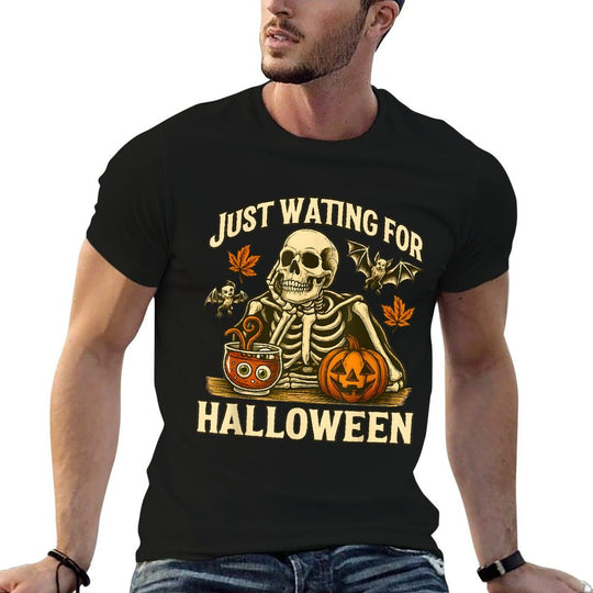 Just Waiting for Halloween  Skeleton Pumpkin Design  Slim-fit Cut T-Shirt