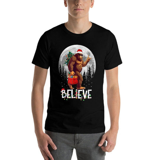 Santa Bigfoot Christmas Lights Funny Sasquatch Believe Xmas  Eco-friendly Material T-Shirt