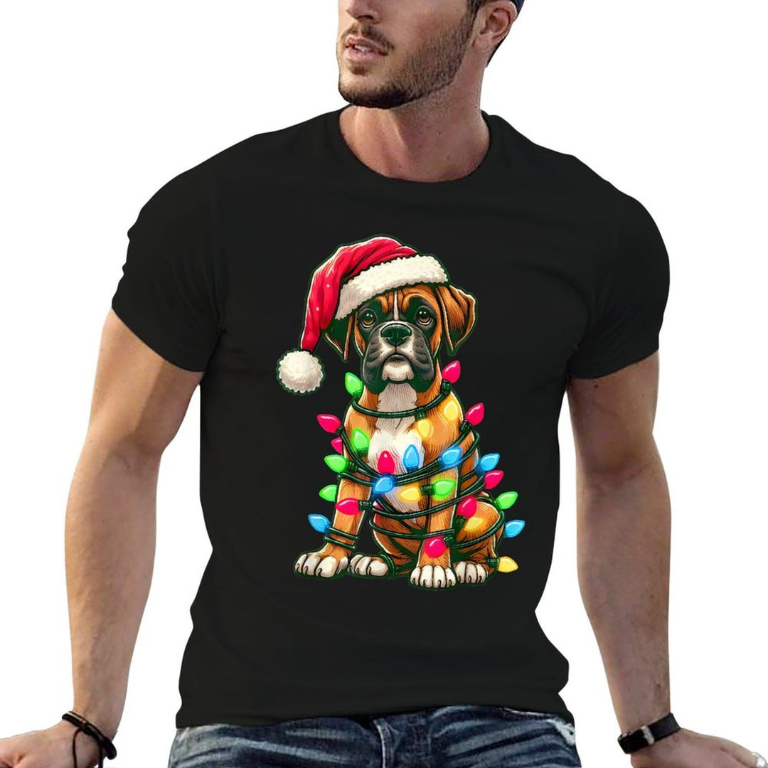 Merry Christmas Boxer Santa Christmas Lights Dog Xmas Tree Comfortable T-Shirt