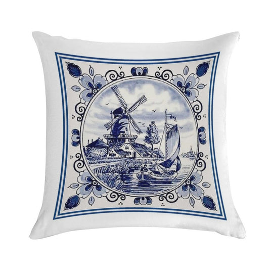 DUTCH BLUE DELFT Vintage Windmill Print Soft Gift Ready Throw Pillow