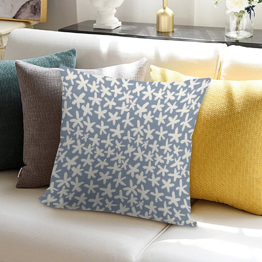 Minimal White Flower Pattern – Hand-Drawn Floral Design on Blue Soft Short Plush Fabric Throw Pillow