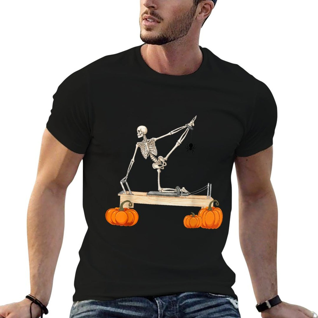 Skeleton Doing Reformer Pilates Machine Pumpkin Halloween  Polyester Blend T-Shirt