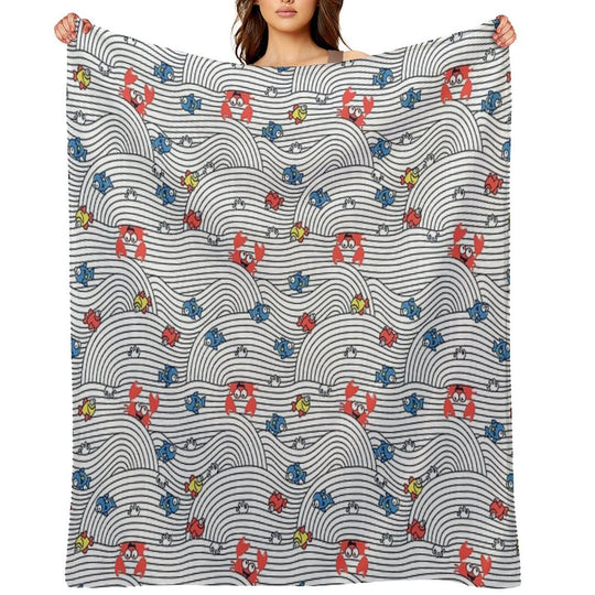 Grafic Waves from Stripes with Fish And Crabs. Sea Seamless Pattern. Plush Throw Blanket