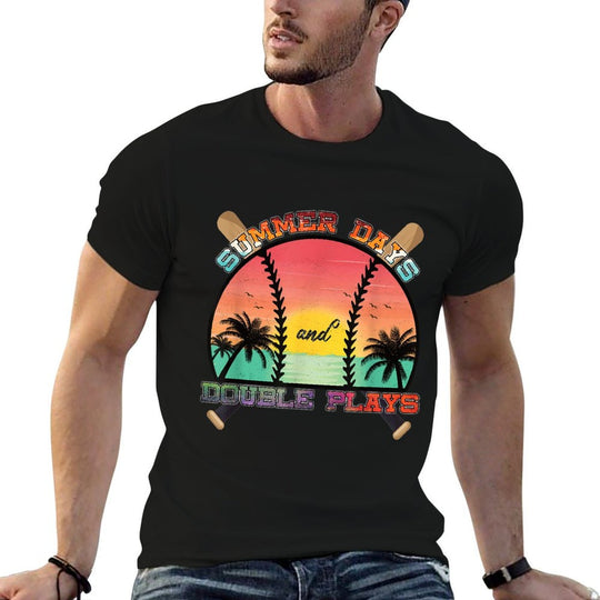 Summer Days And Double Plays Baseball Softball Beach Sunset  Eco-friendly Material T-Shirt