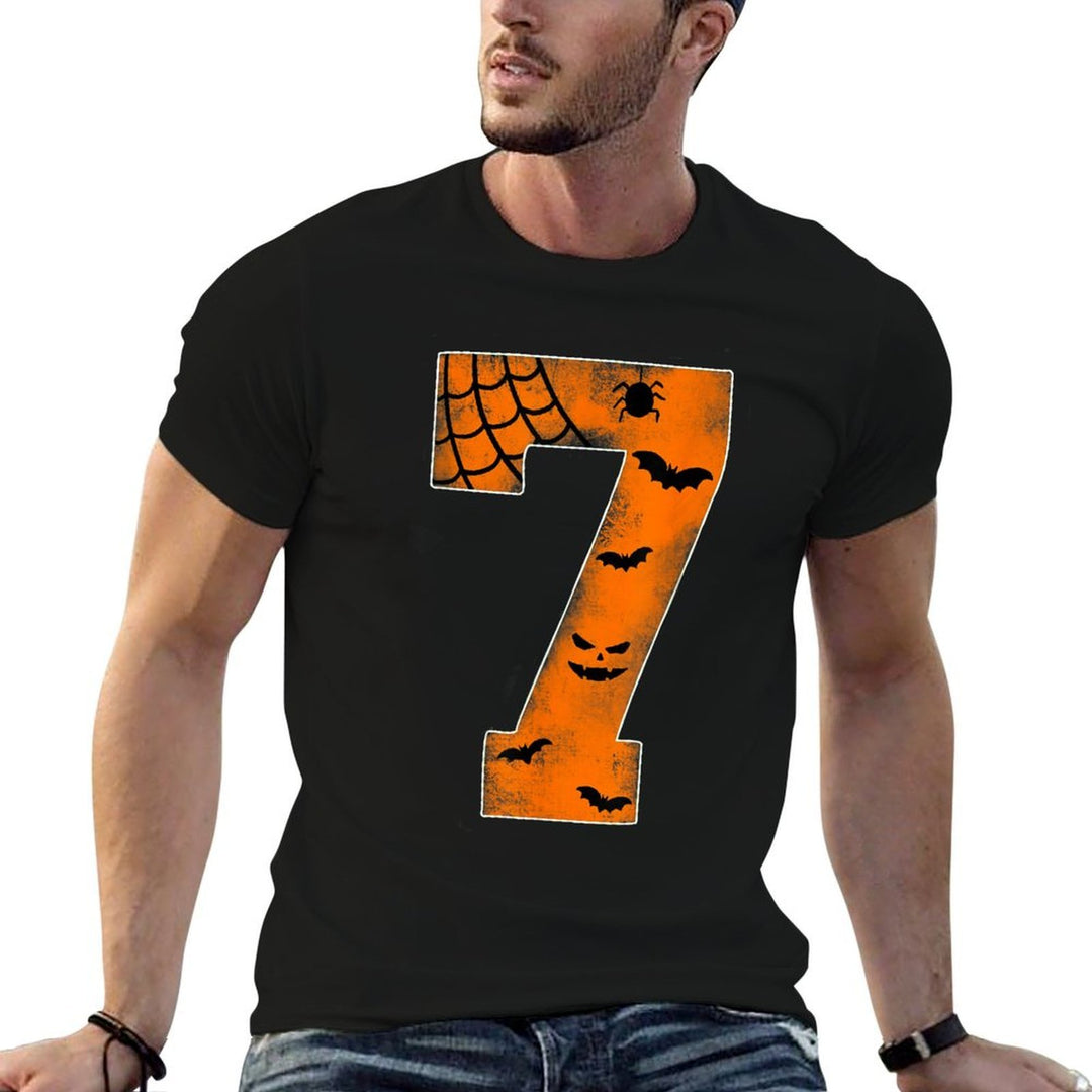 Number 7 7th Birthday Boy Seven Halloween Happy Birthday  Ribbed Collar T-Shirt