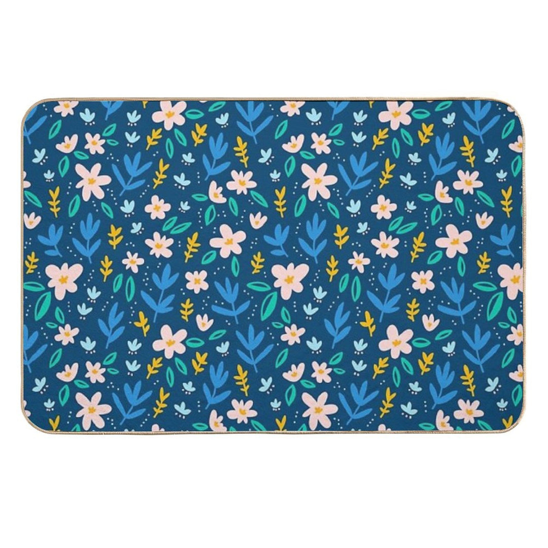 Colorful Flowers on Deep Blue Background  Absorbent Bath Mat
