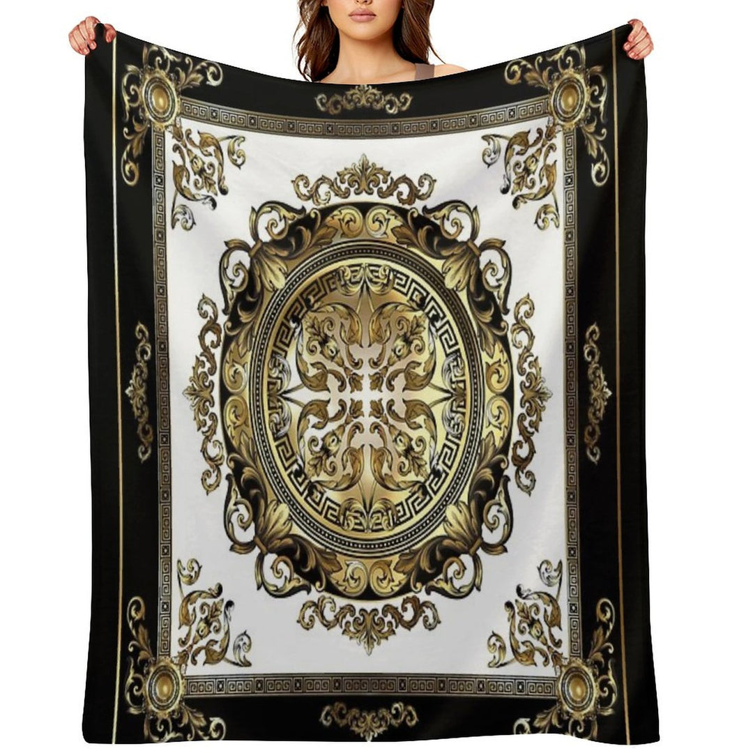 Ornate Baroque White Gold Black Greek Key Meander Sustainable Throw Blanket