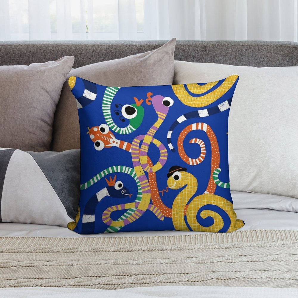 Cute Crazy Snakes Electric Blue Soft Short Plush Fabric Throw Pillow