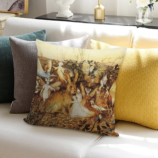 Rabbit Among The Fairies Soft Shrink-Resistant Throw Pillow