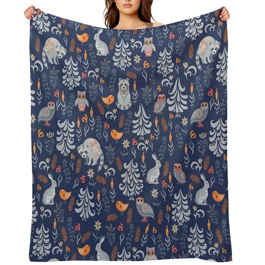 Fairy Forest with Animals And Birds. Raccoons, Owls, Bunnies And Little Chick. All-season Throw Blanket