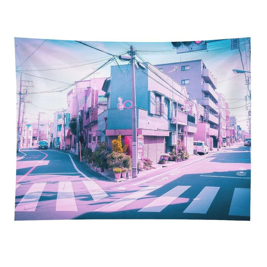 Anime in Real Life Vaporwave Summer Day in Tokyo Residential Area Tapestry