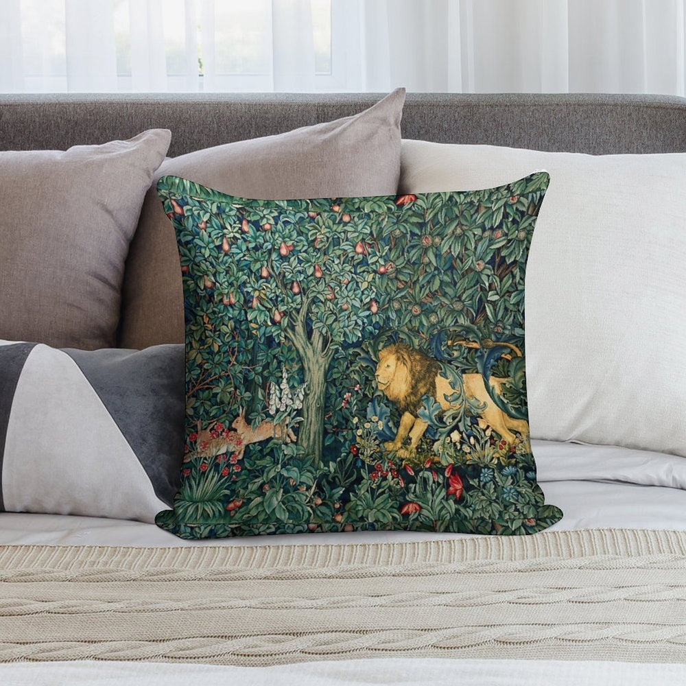 GREENERY, FOREST ANIMALS Lion And Hares Blue Green Floral Tapestry Soft Warmth Comfort Throw Pillow