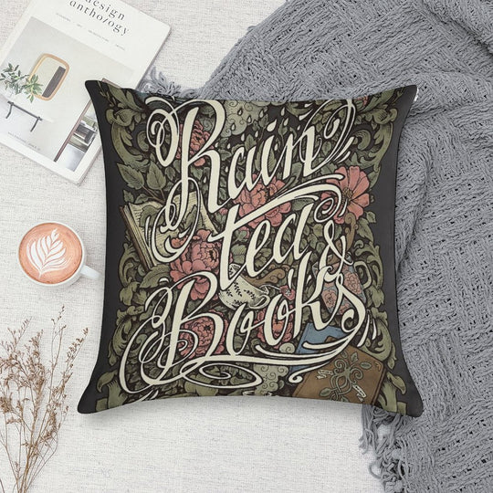 Rain, Tea & Books - Color Version Soft Short Plush Fabric Throw Pillow