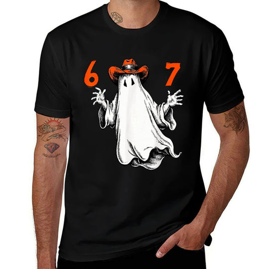 Spooky Ghost Number 67 Halloween Haunted Six Seven 6 7 Meme  Ribbed Collar T-Shirt