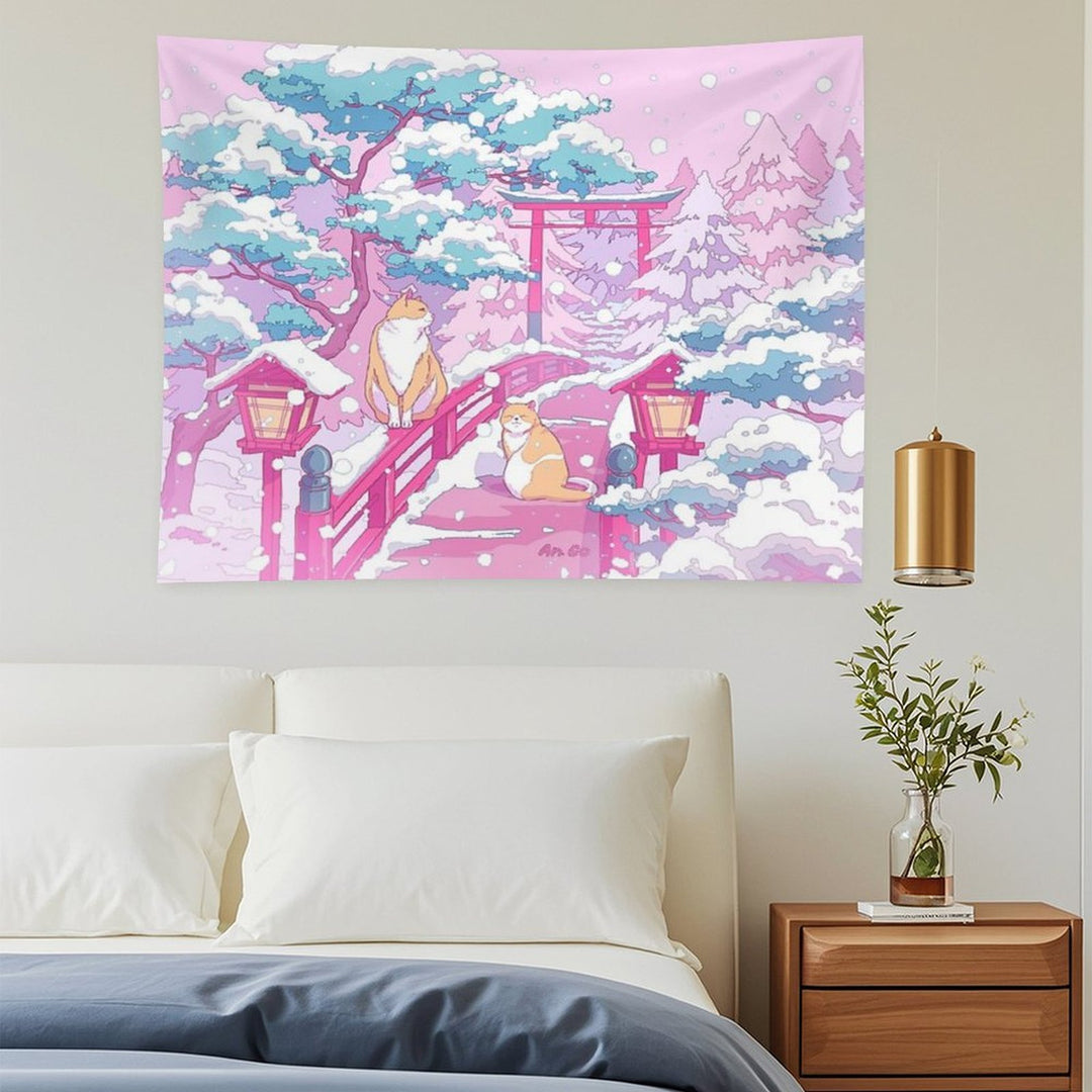 The Japanese Winter Shrine And Cute Cats Tapestry