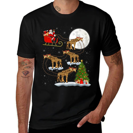 Funny Xmas Lighting Tree Santa Riding Giraffe Christmas Comfortable T-Shirt