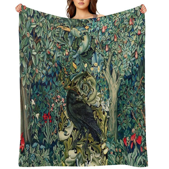 GREENERY, FOREST ANIMALS ,RAVEN ON ACANTHUS LEAVES Blue Green Floral Comfort Throw Blanket