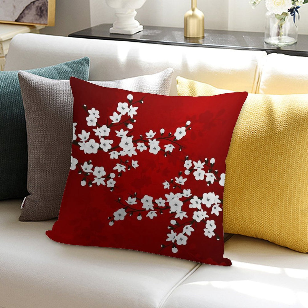 Cherry Blossom Red White Asia Floral Soft Short Plush Fabric Throw Pillow